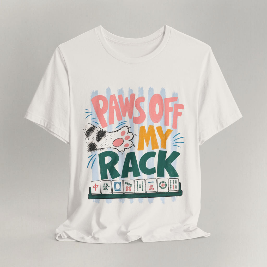 Vintage white cat t-shirt with a Paws Off My Rack mahjong design and a cat, shown flat
