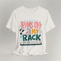Vintage white cat t-shirt with a Paws Off My Rack mahjong design and a cat, shown flat