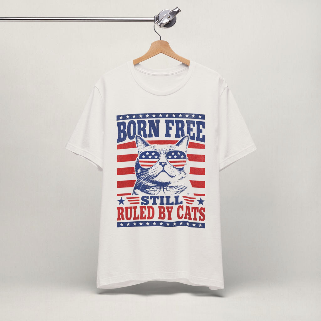 Close-up of Born Free Still Ruled By Cats patriotic print on vintage white unisex t-shirt