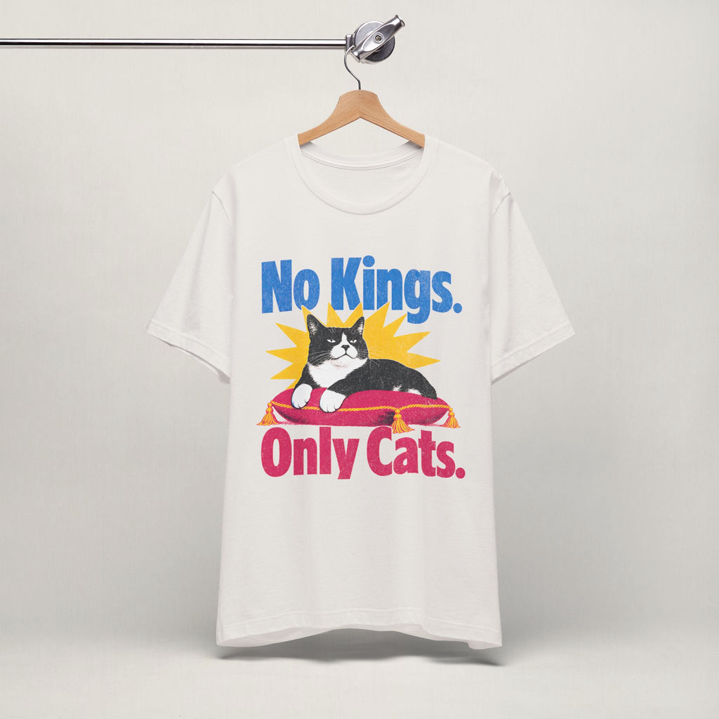 Flat lay of vintage white graphic cat t-shirt with No Kings Only Cats patriotic design