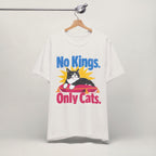 Flat lay of vintage white graphic cat t-shirt with No Kings Only Cats patriotic design