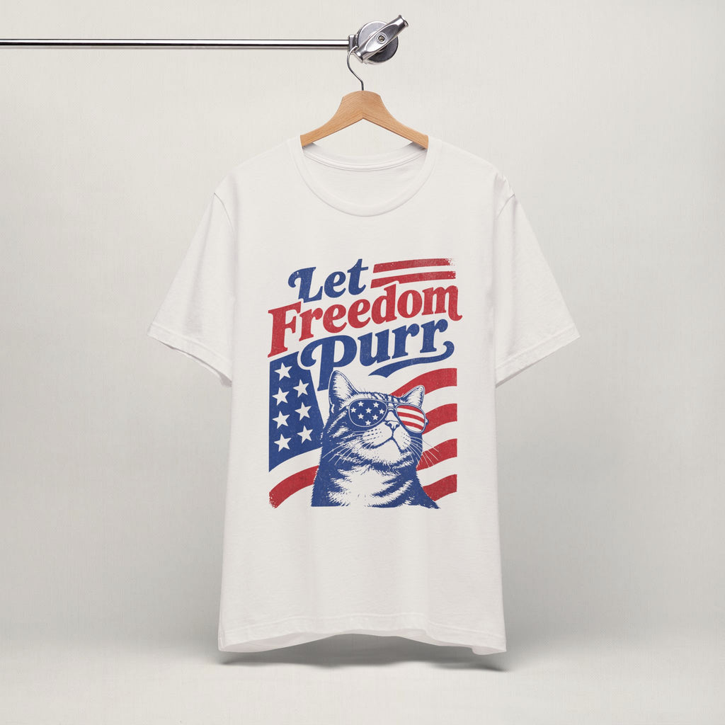 Close-up of Let Freedom Purr patriotic cat print on vintage white unisex t-shirt