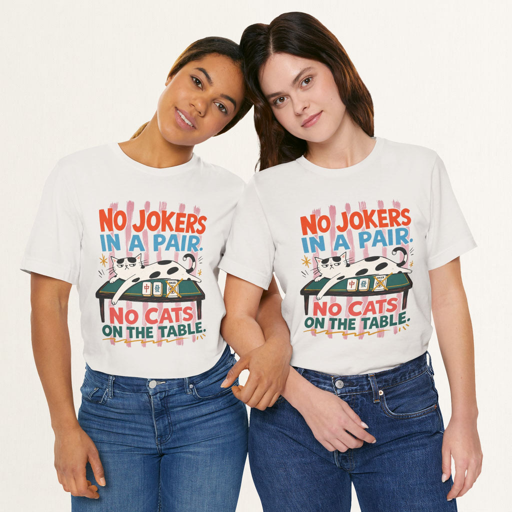 Couple wearing vintage white No Jokers In A Pair mahjong cat t-shirts