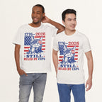 Model wearing vintage white Still Ruled By Cats patriotic cat t-shirt