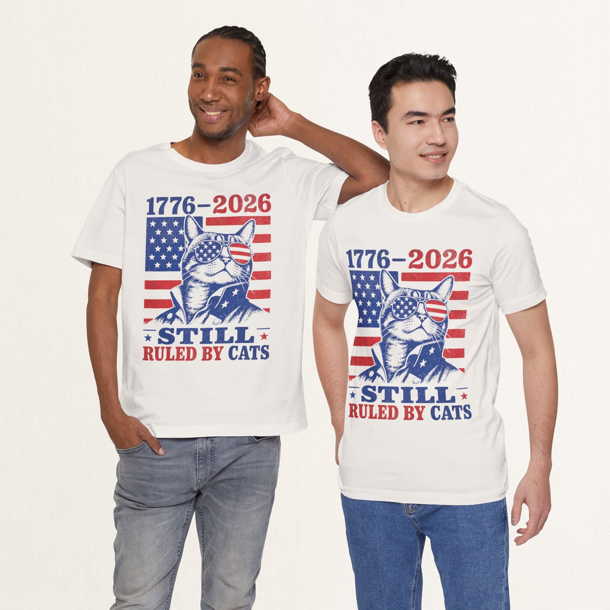 Model wearing vintage white Still Ruled By Cats patriotic cat t-shirt