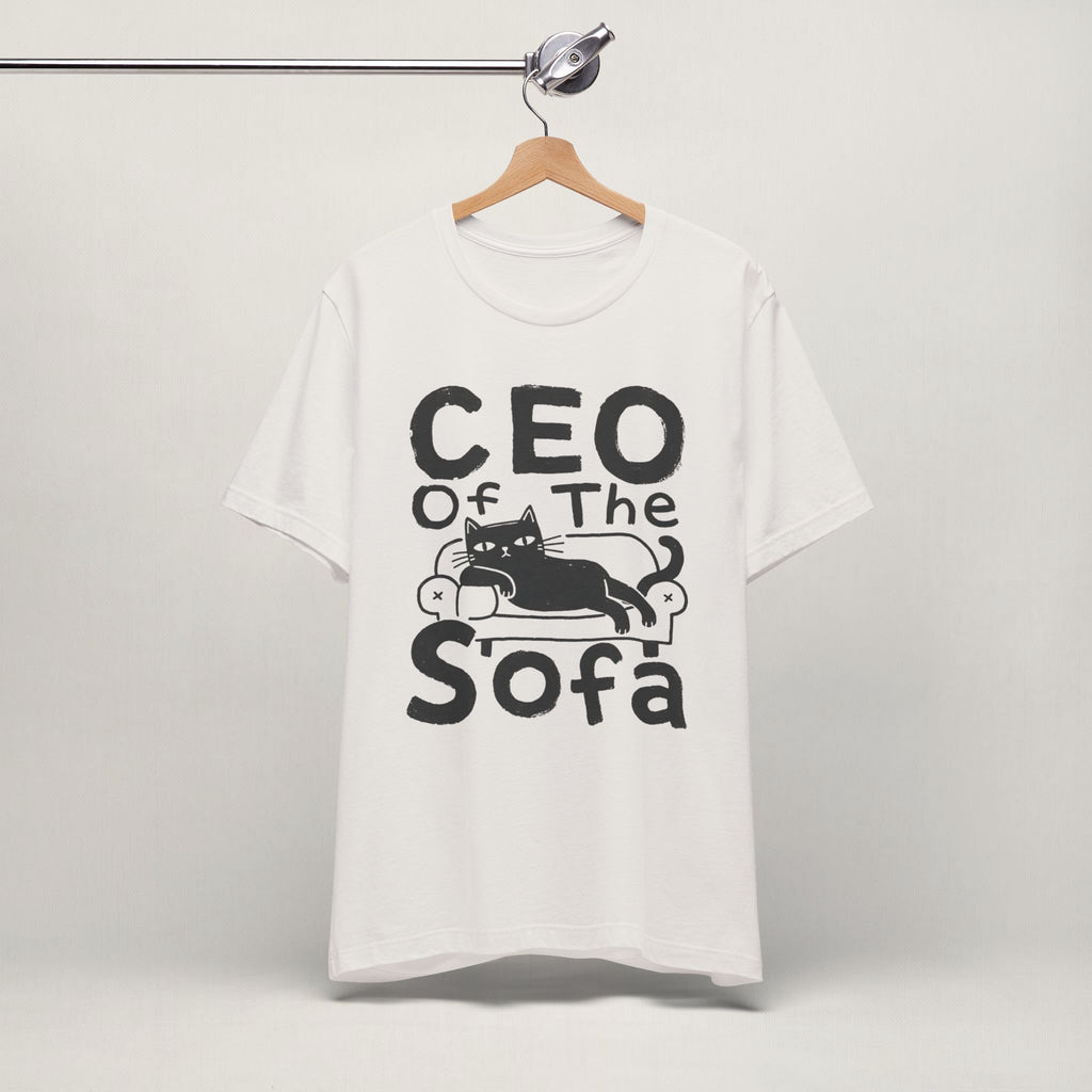 Close-up of CEO Of The Sofa print on vintage white unisex t-shirt