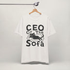 Close-up of CEO Of The Sofa print on vintage white unisex t-shirt