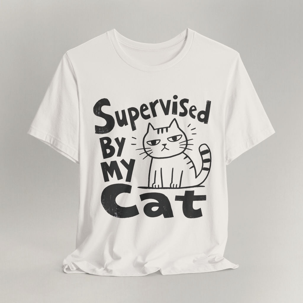 Vintage white t-shirt with hand-drawn Supervised By My Cat design and sketched striped cat
