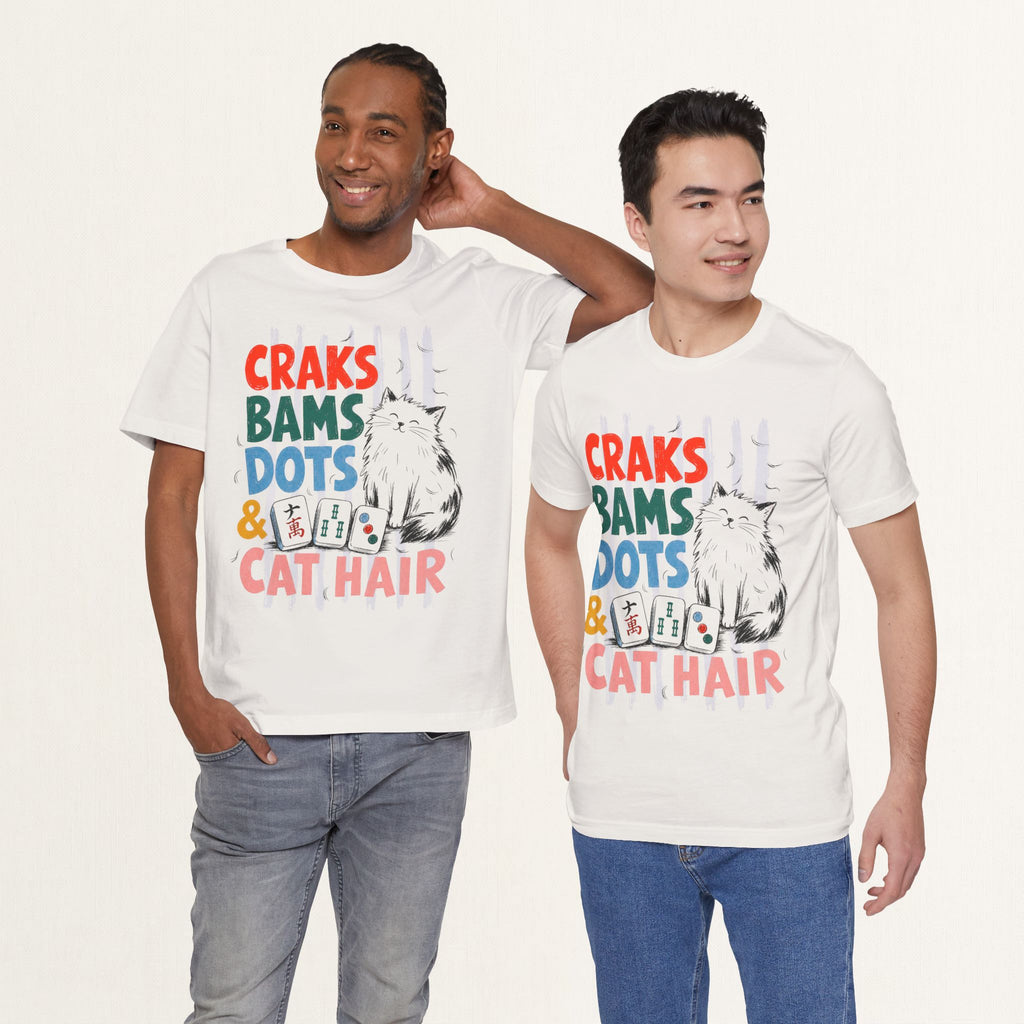 Two men wearing vintage white Craks, Bams, Dots and Cat Hair mahjong cat t-shirts