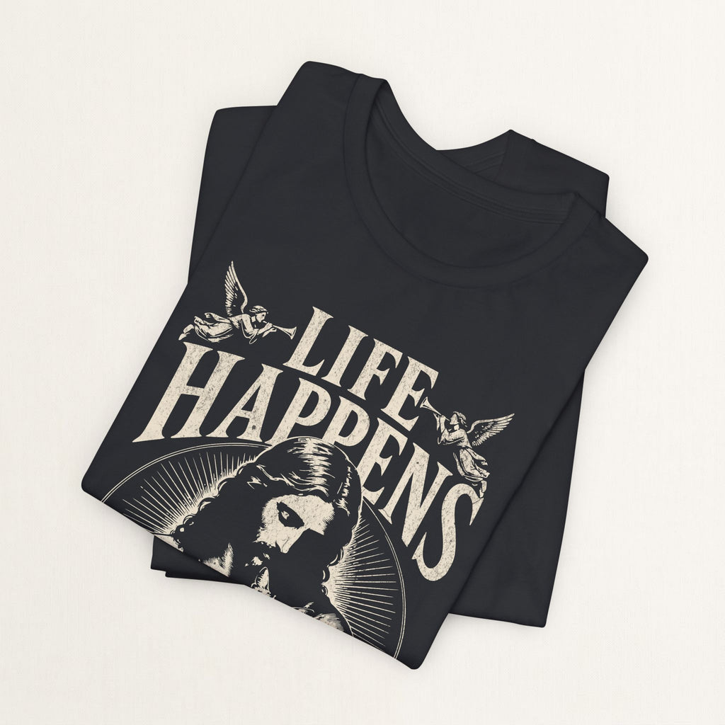 Folded vintage black Life Happens Cats Help printed cat t-shirt