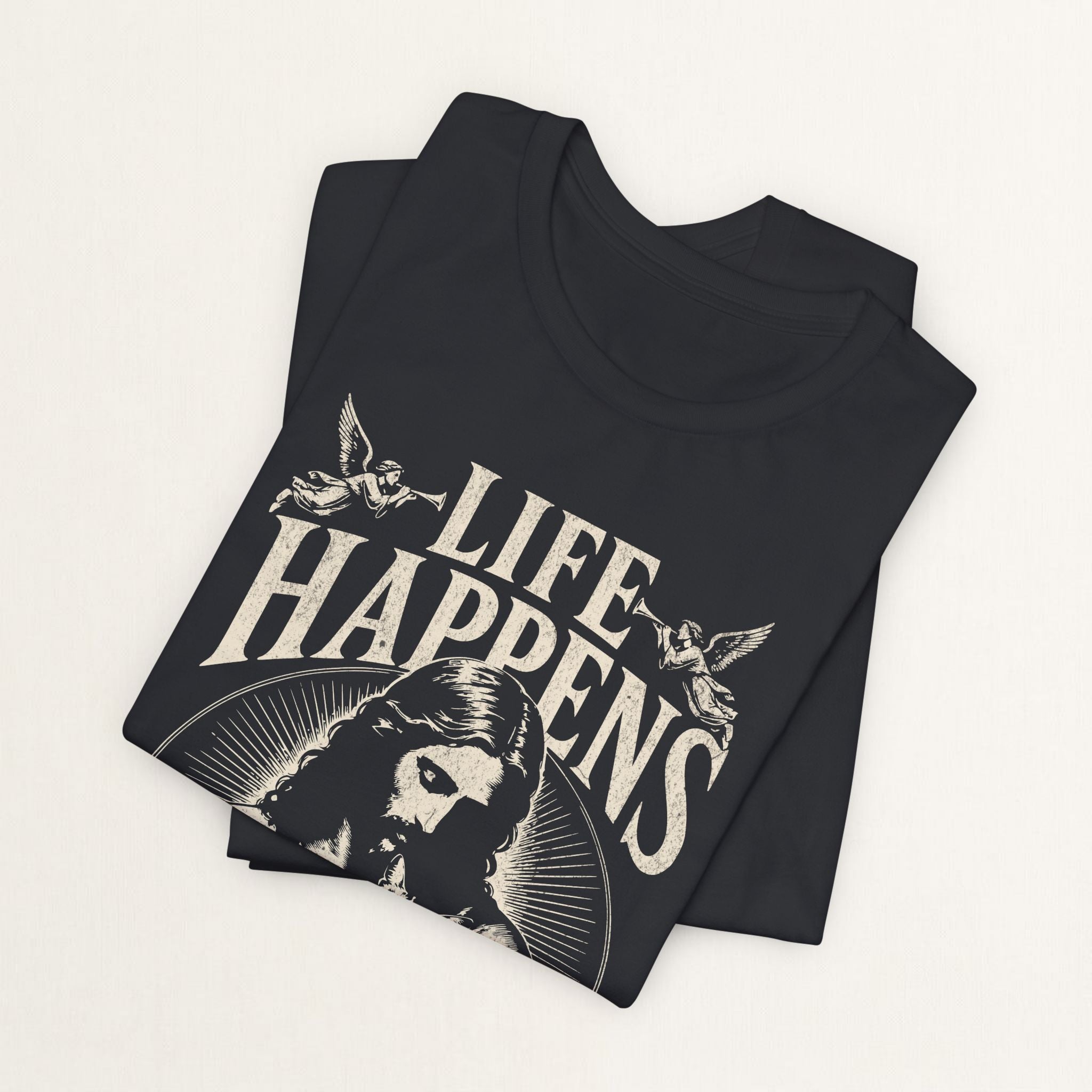 Folded vintage black Life Happens Cats Help printed cat t-shirt