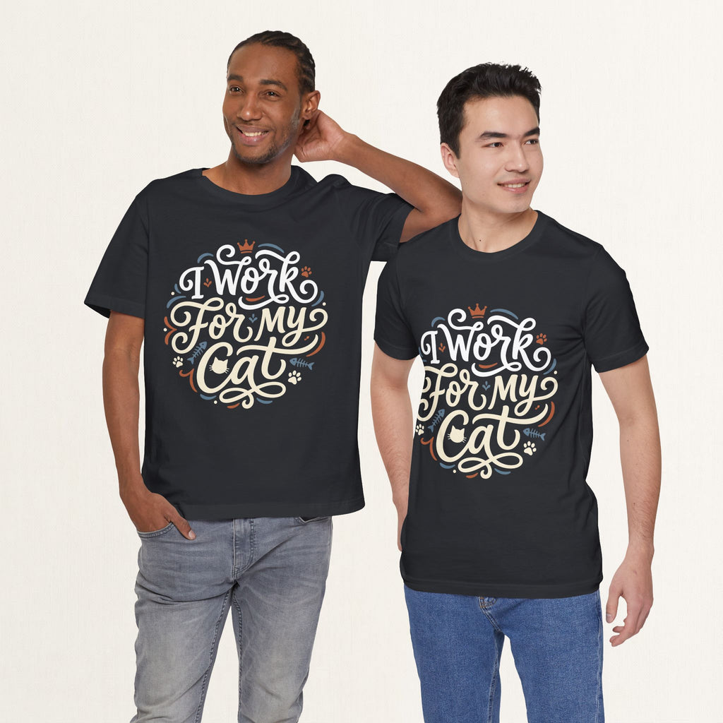 Model wearing vintage black I Work For My Cat graphic cat t-shirt