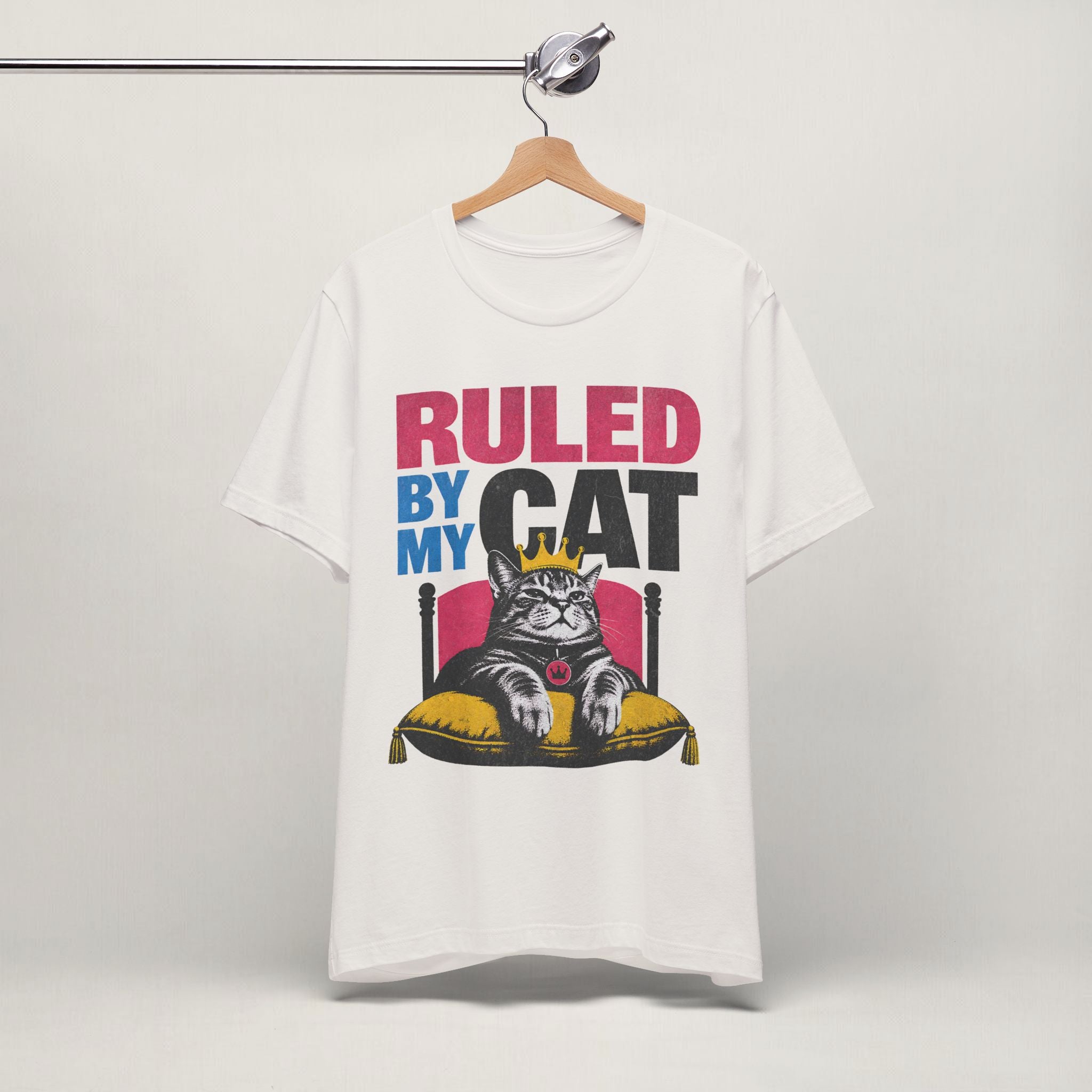 Side view of model wearing vintage white Ruled By My Cat t-shirt