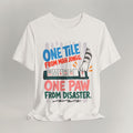 Vintage white cat t-shirt with a One Tile From Mah Jongg, One Paw From Disaster design, shown flat