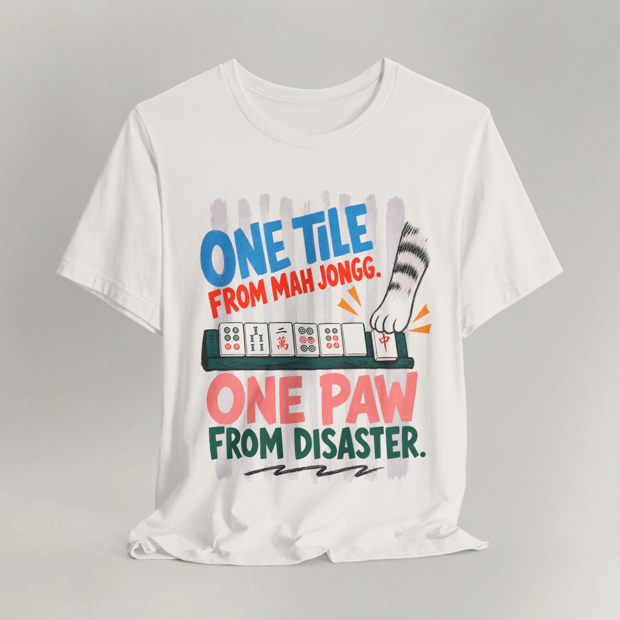 Vintage white cat t-shirt with a One Tile From Mah Jongg, One Paw From Disaster design, shown flat
