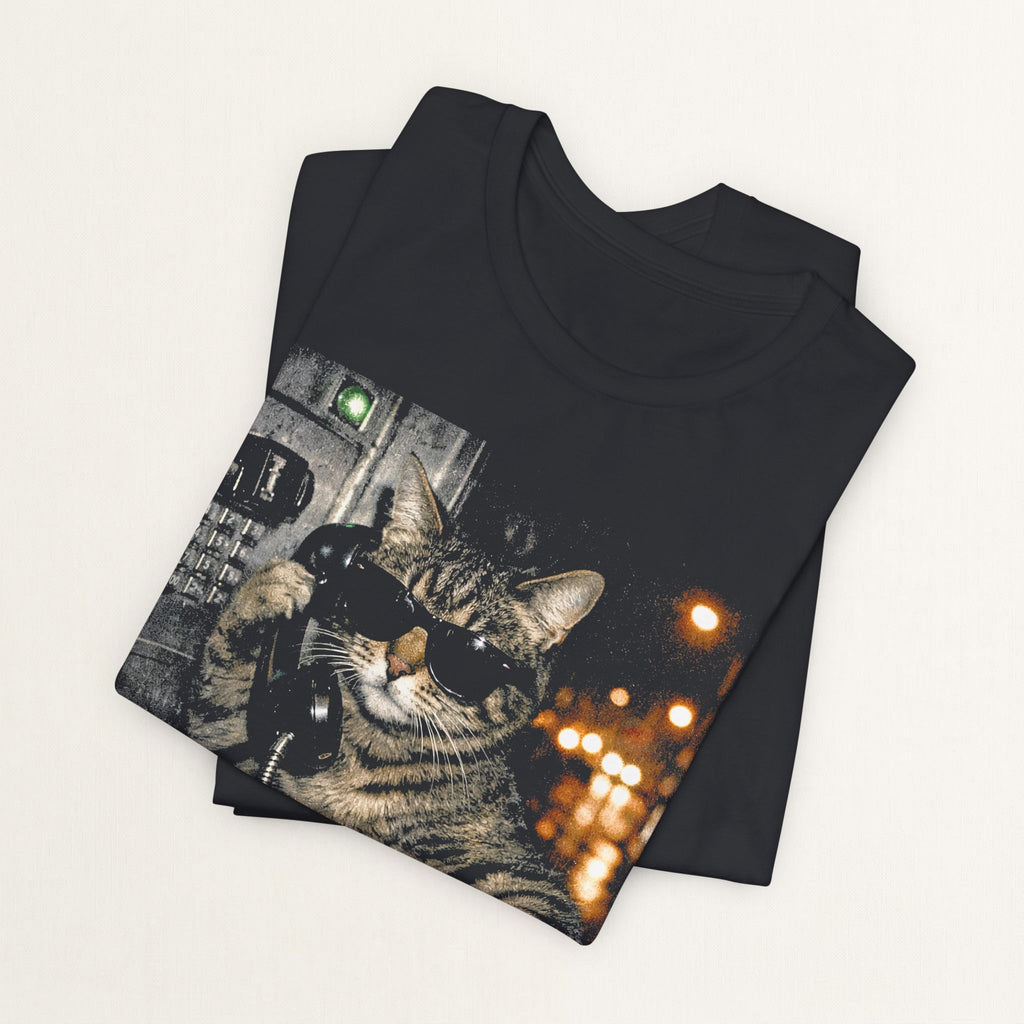 Woman wearing vintage black Midnight Call graphic cat t-shirt, front view