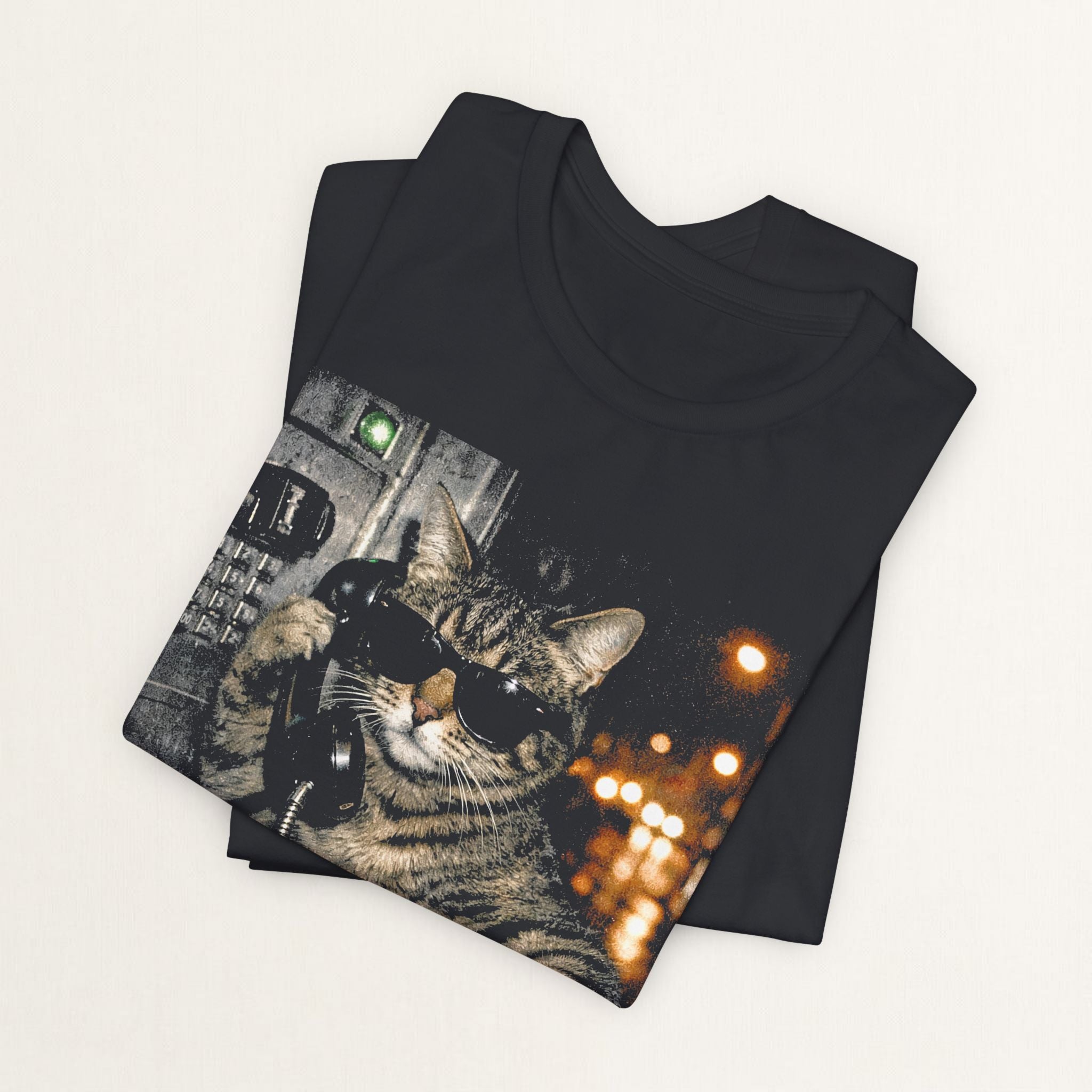 Woman wearing vintage black Midnight Call graphic cat t-shirt, front view