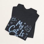 Back view of vintage black The Boss Obviously graphic cat t-shirt on model
