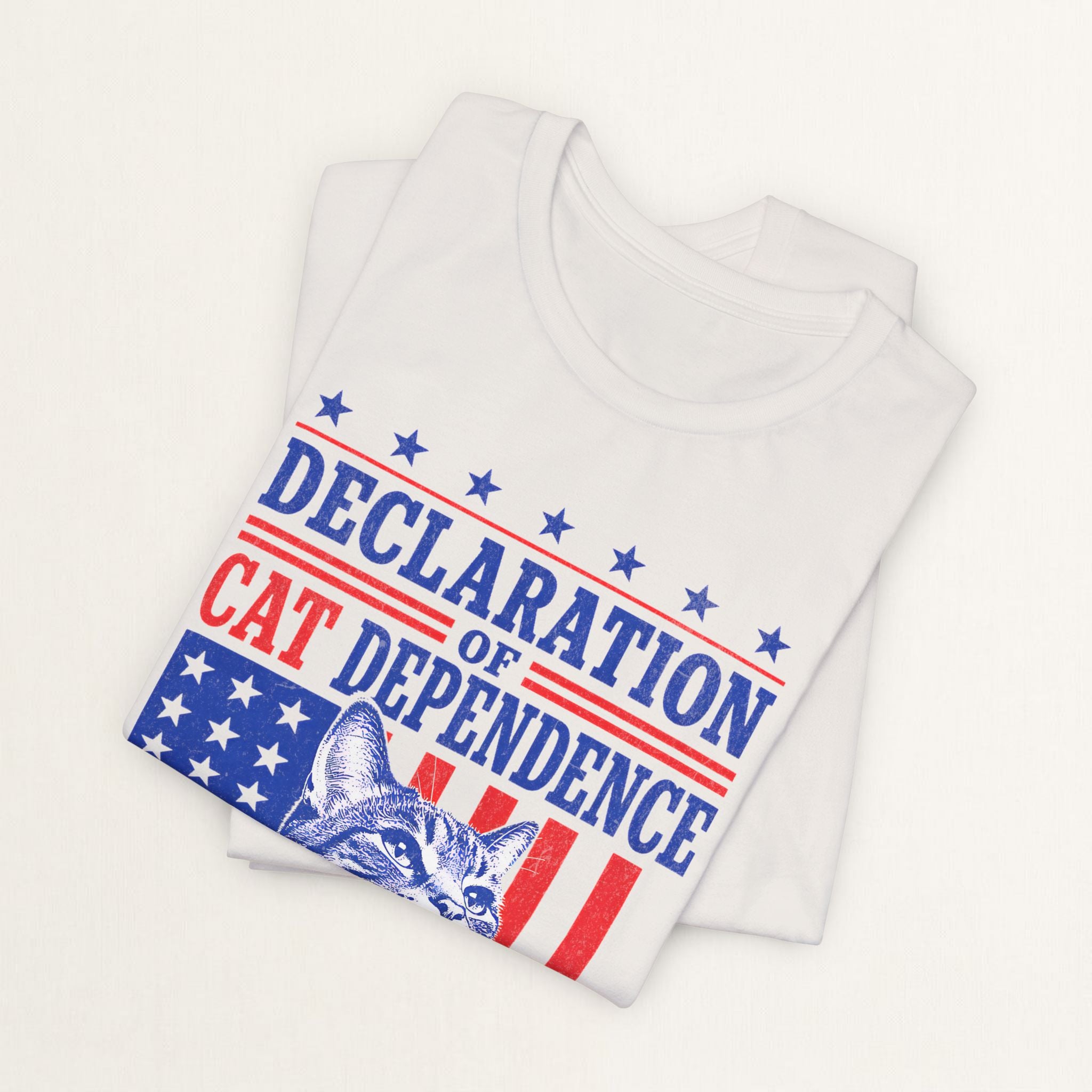 Back view of vintage white Cat Dependence Day cat t-shirt on model