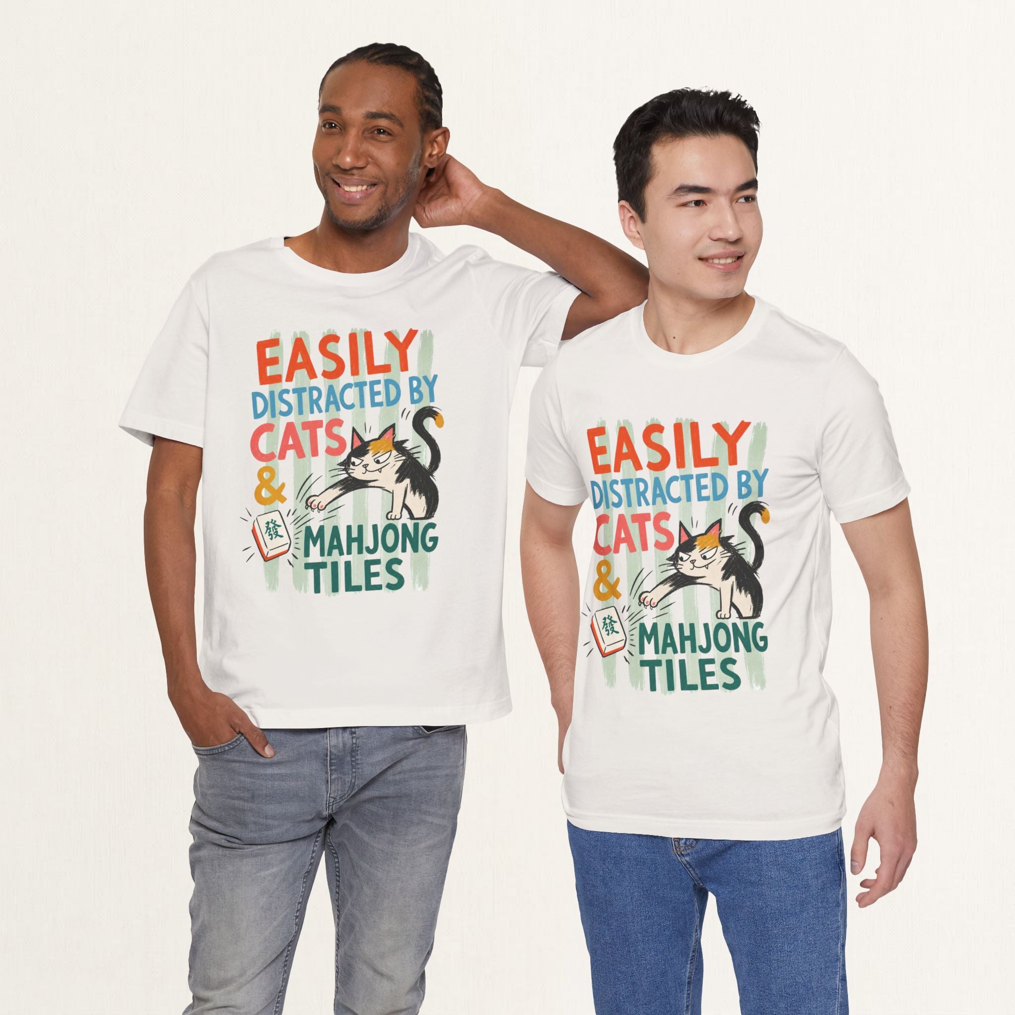 Two men wearing vintage white Easily Distracted by Cats and Mahjong cat t-shirts