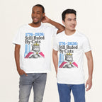 Model wearing white Ruled By Cats cat t-shirt