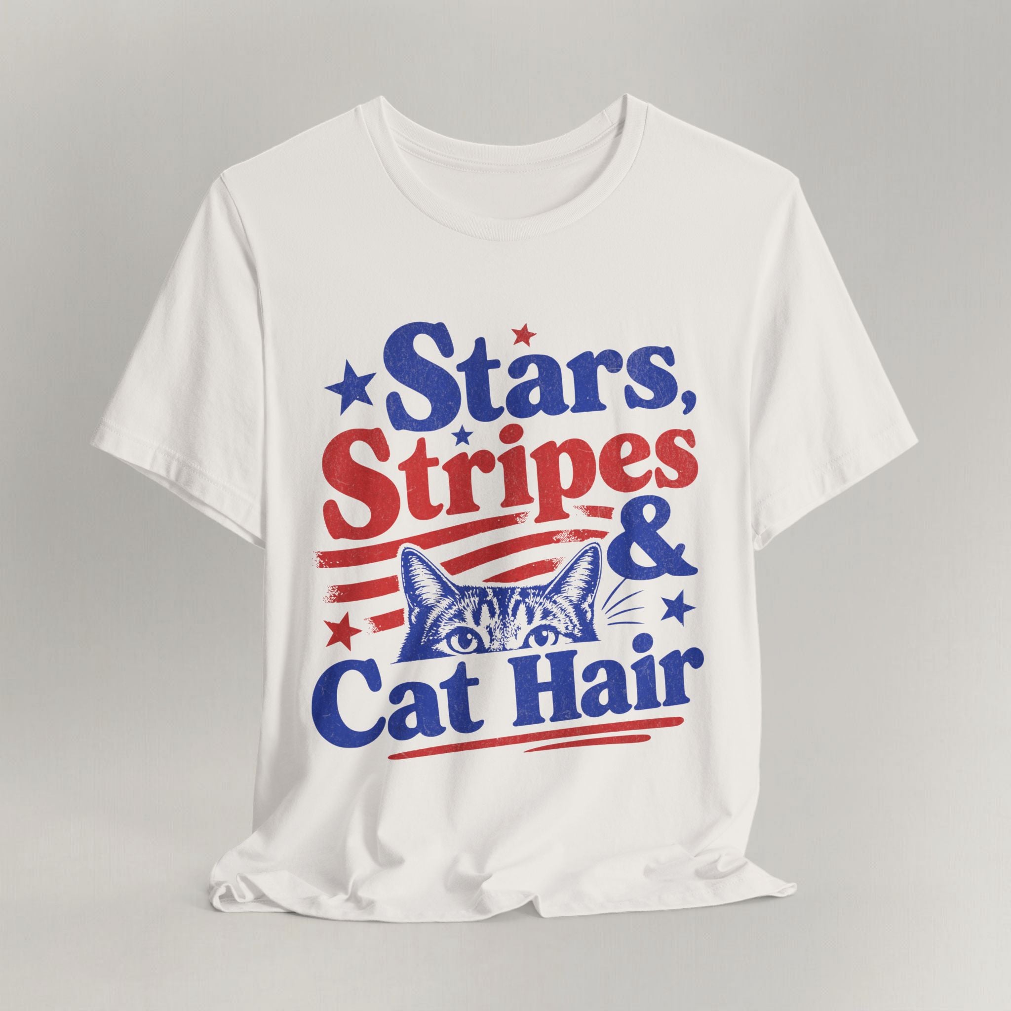 Flat lay of vintage white graphic cat t-shirt with Cat Hair print design