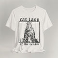 Vintage white cat t-shirt with a regal Cat Lady of the Realm vintage design, shown flat