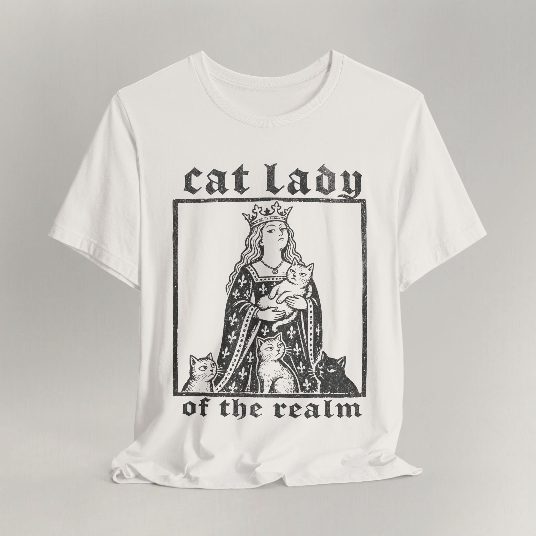 Vintage white cat t-shirt with a regal Cat Lady of the Realm vintage design, shown flat