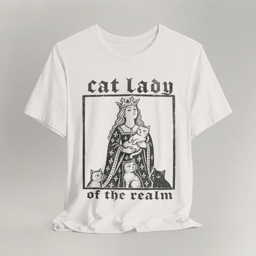 Vintage white cat t-shirt with a regal Cat Lady of the Realm vintage design, shown flat
