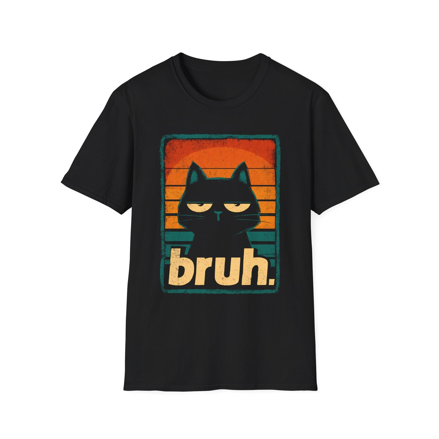 Black Cat Retro Sunset "Bruh" T-Shirt