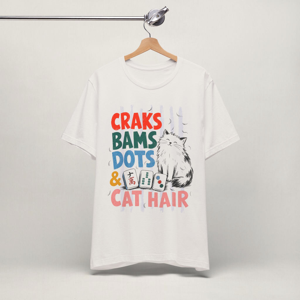 Vintage white Craks, Bams, Dots and Cat Hair mahjong cat t-shirt on a hanger
