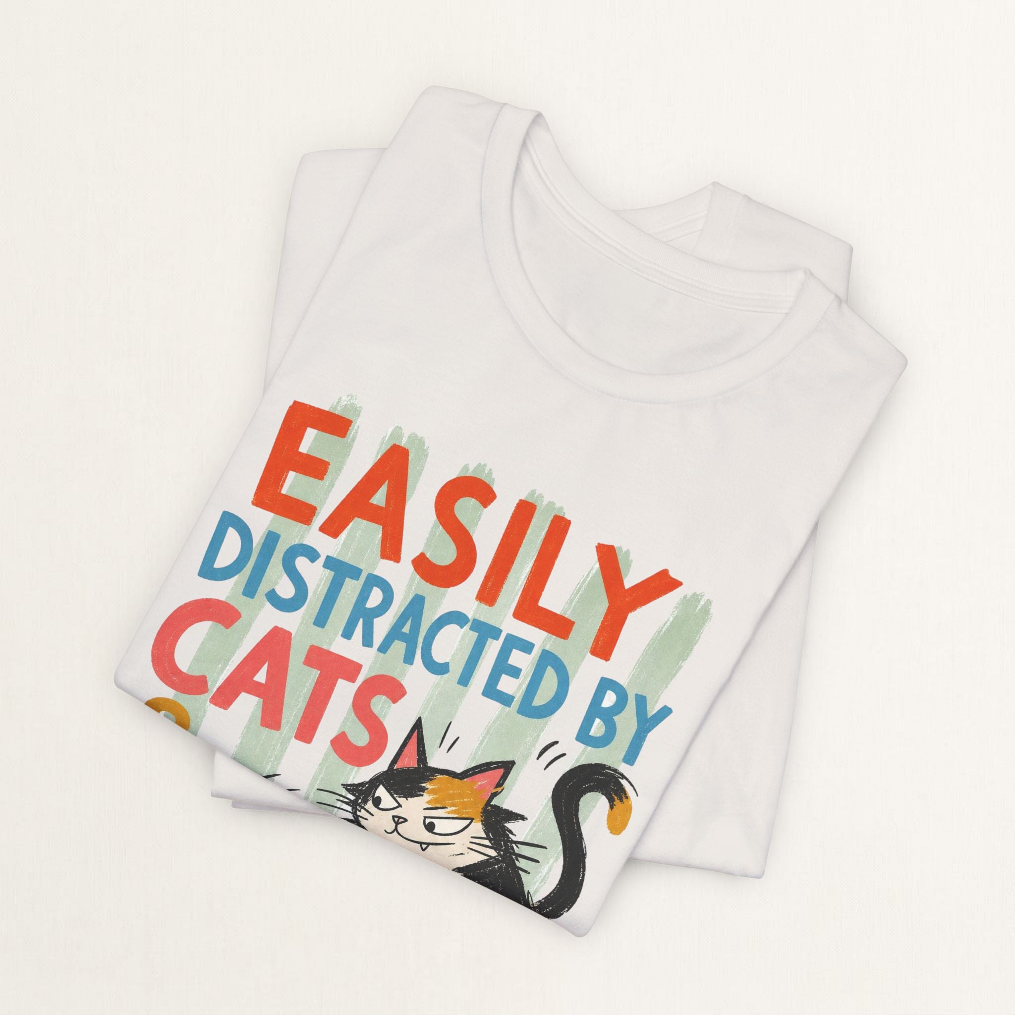 Folded vintage white Easily Distracted by Cats and Mahjong cat t-shirt