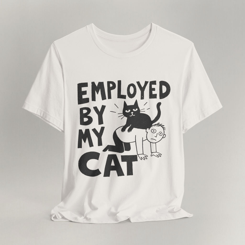 Flat lay of vintage white graphic cat t-shirt with Employed By My Cat print design