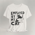 Flat lay of vintage white graphic cat t-shirt with Employed By My Cat print design