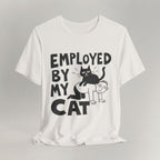 Flat lay of vintage white graphic cat t-shirt with Employed By My Cat print design