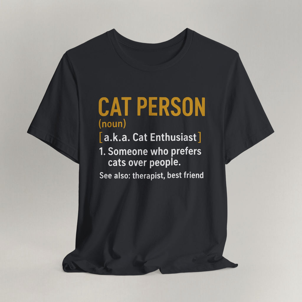 Vintage black cat t-shirt with a Cat Person dictionary definition design, shown flat