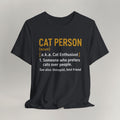 Vintage black cat t-shirt with a Cat Person dictionary definition design, shown flat