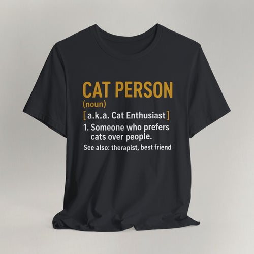 Vintage black cat t-shirt with a Cat Person dictionary definition design, shown flat