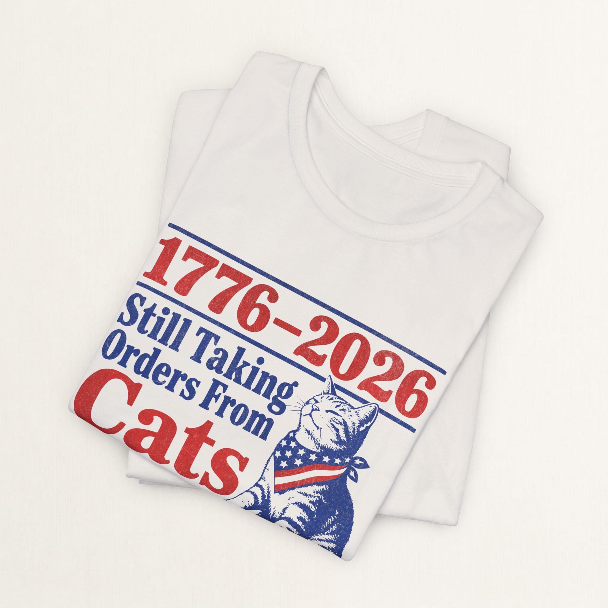 Back view of vintage white Still Taking Orders From Cats cat t-shirt on model
