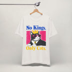 Close-up of No Kings Only Cats print on vintage white unisex t-shirt