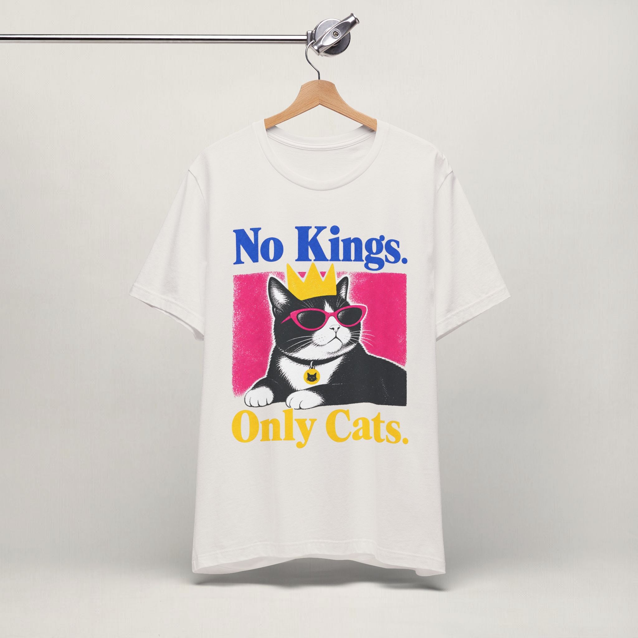 Close-up of No Kings Only Cats print on vintage white unisex t-shirt
