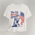 Flat lay of vintage white graphic cat t-shirt with Declares Independence patriotic cat design