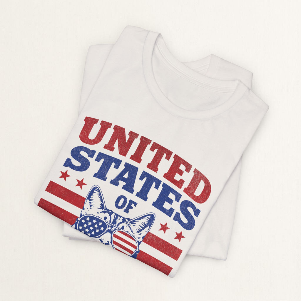 Back view of vintage white United States Of Catitude cat t-shirt on model