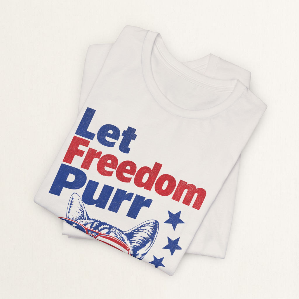 Back view of vintage white Let Freedom Purr cat t-shirt on model