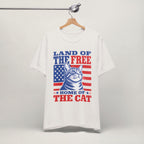 Close-up of Land of the Free patriotic cat print on vintage white unisex t-shirt