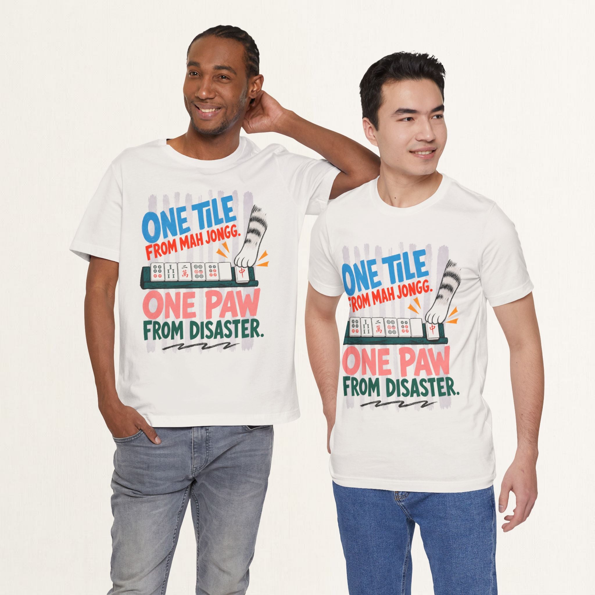 Two men wearing vintage white One Tile From Mah Jongg mahjong cat t-shirts