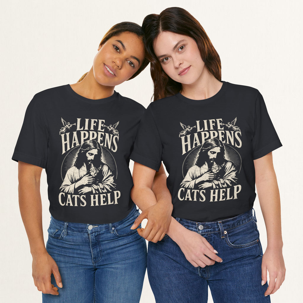Couple wearing vintage black Life Happens Cats Help printed cat t-shirts