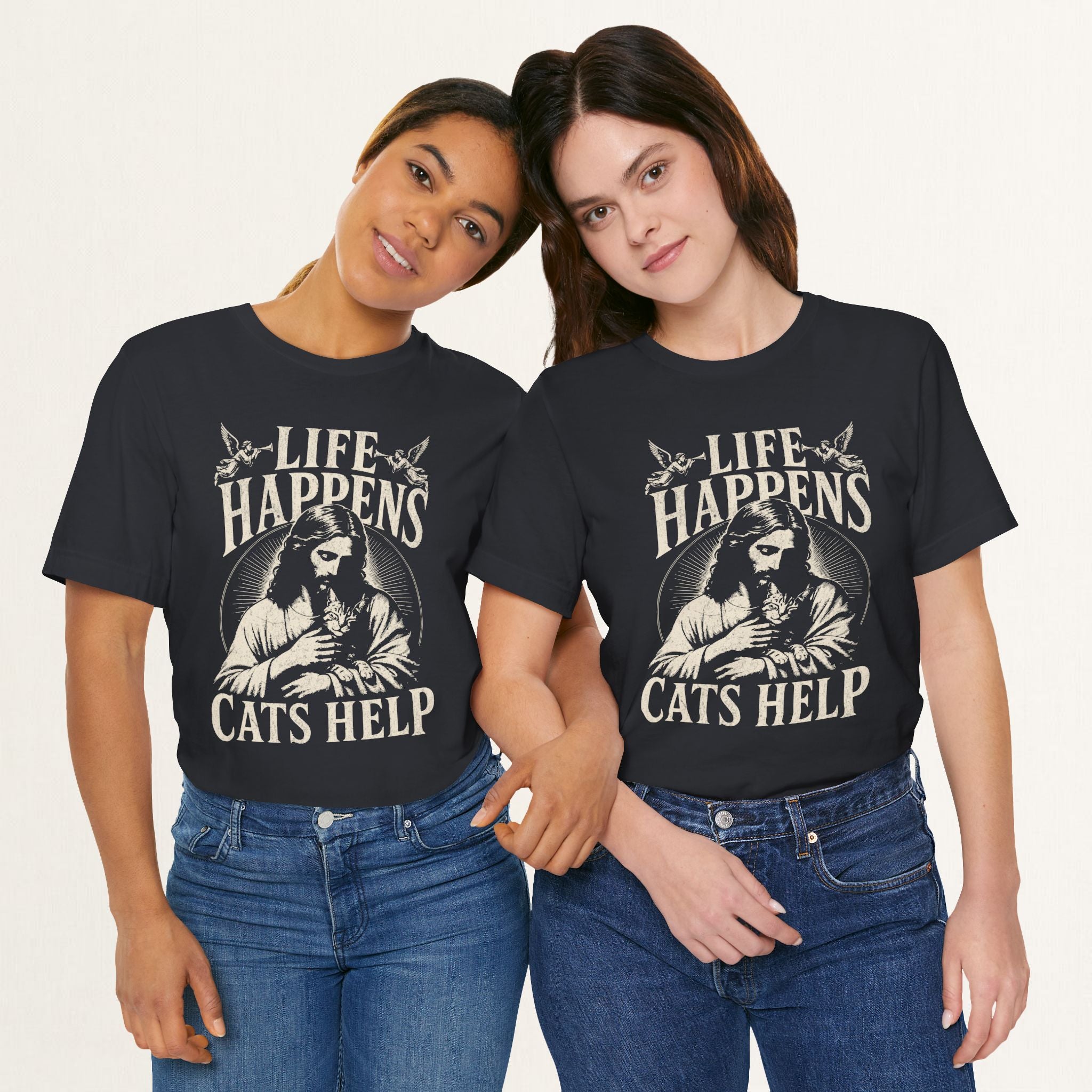 Couple wearing vintage black Life Happens Cats Help printed cat t-shirts