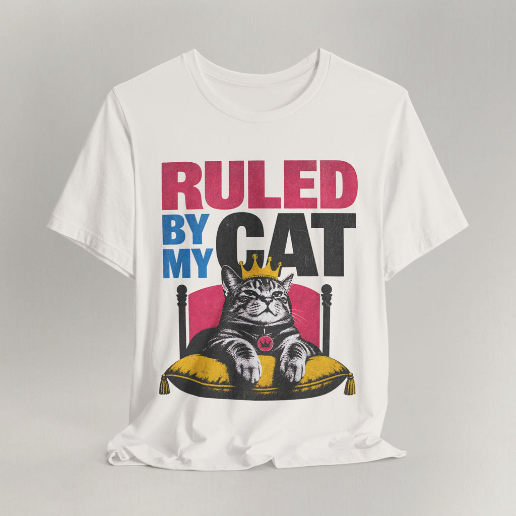 Vintage white graphic cat t-shirt with Ruled By My Cat print, flat lay front view