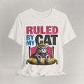 Vintage white graphic cat t-shirt with Ruled By My Cat print, flat lay front view